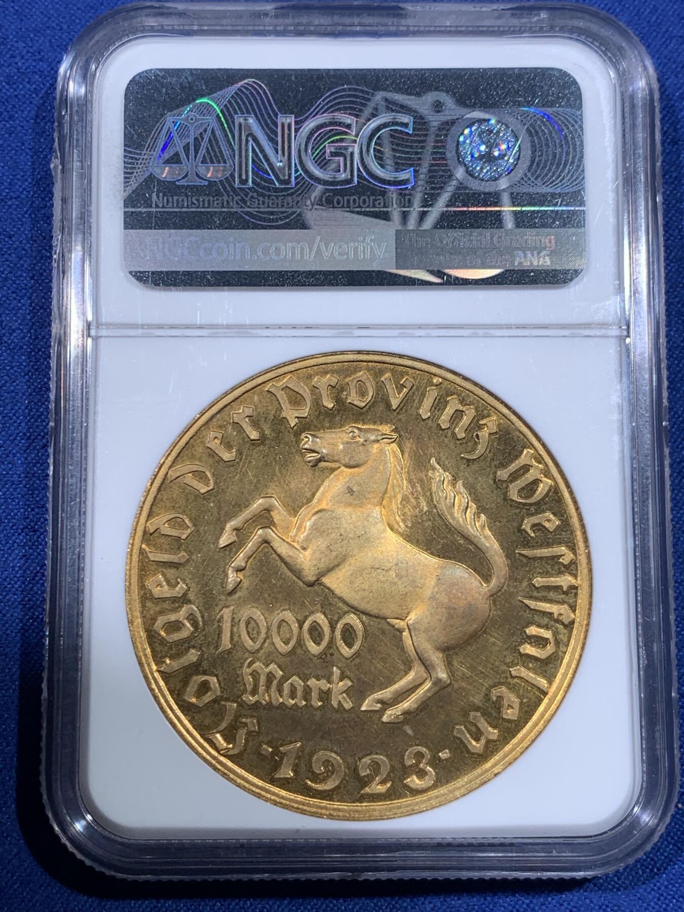 《竞宝斋》第398场 周日，周一，2场连拍 （全场包邮） NGC-MS66 德国 1923年德紧时期威斯特法伦10000马克 大马币 高分难得
