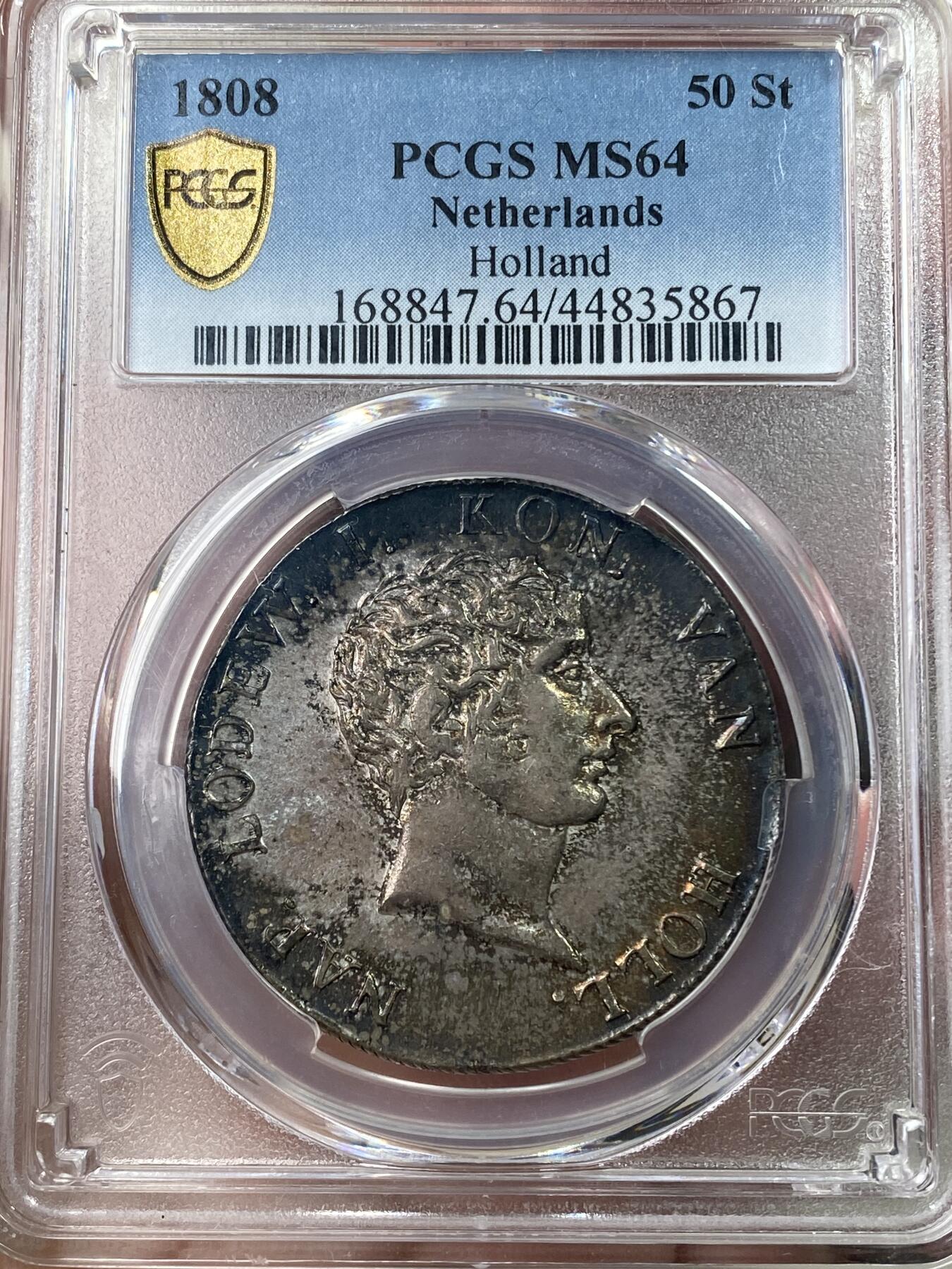 万国钱币拍卖第049期（万国夏季大拍） PCGS MS64 1808年法占荷兰王国拿破仑50Stuvier 26.35g大银主币 法国鹰与荷兰狮同框 厚重环五彩 深打车轮光  一步到位的顶级品相