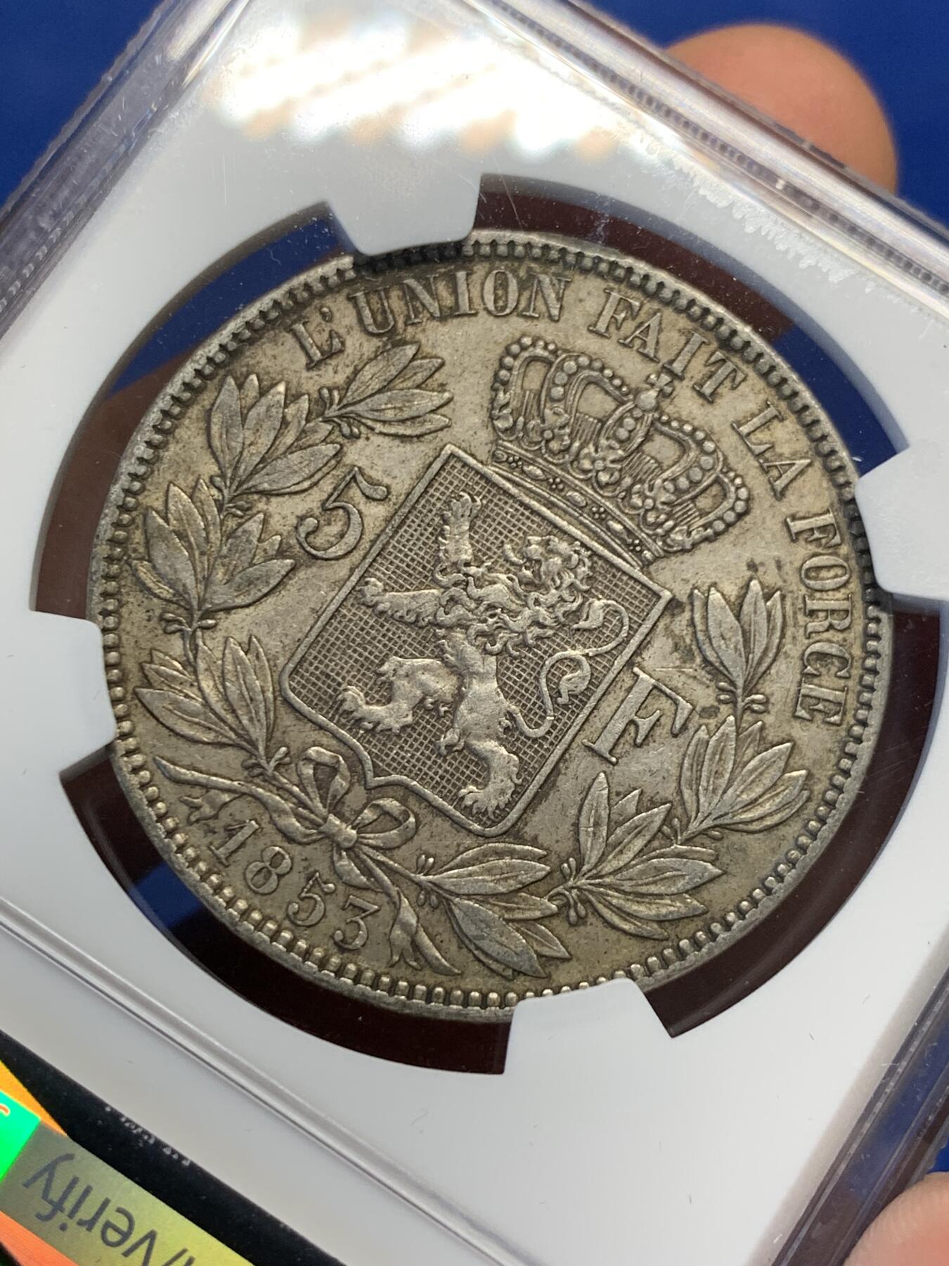 《竞宝斋》第398场 周日，周一，2场连拍 （全场包邮） NGC-AU50 比利时 1853年 5法郎大银币，细节很好