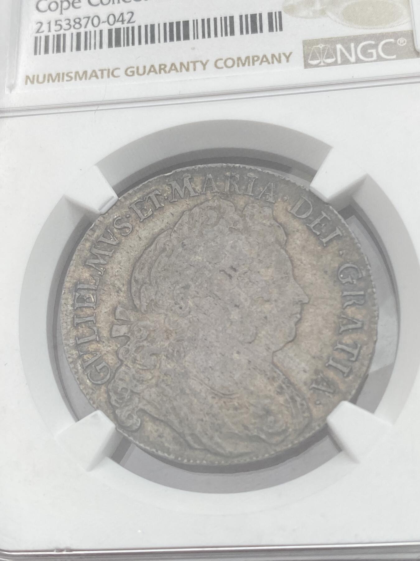 万国钱币拍卖第049期（万国夏季大拍） NGC MS60 1693英国威廉与玛丽半克朗银币 原味酱彩好状态 英系大神Cope旧藏 观感超越分数的状态