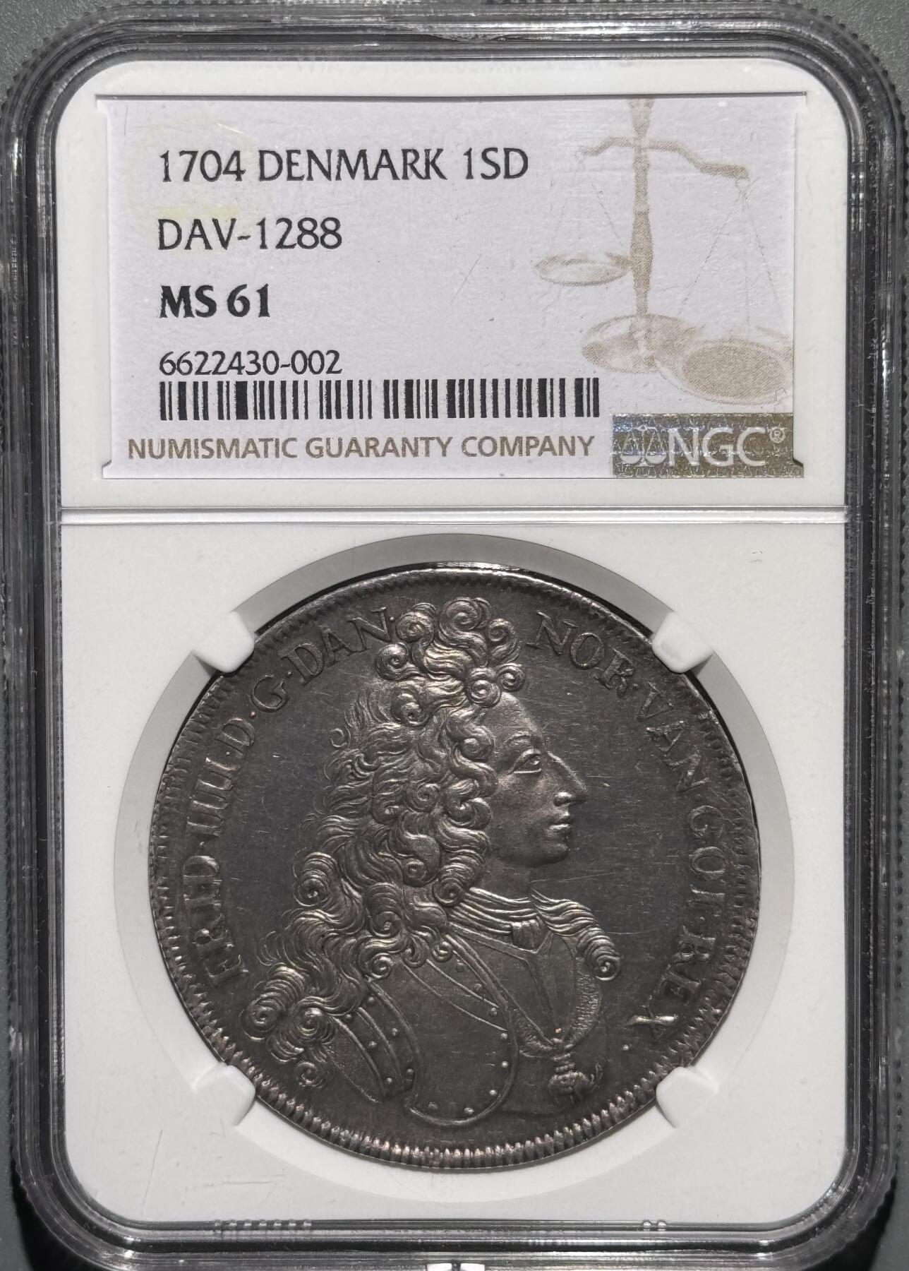 丹麦1704年弗雷德里克四世1SD大银币 NGC MS61 