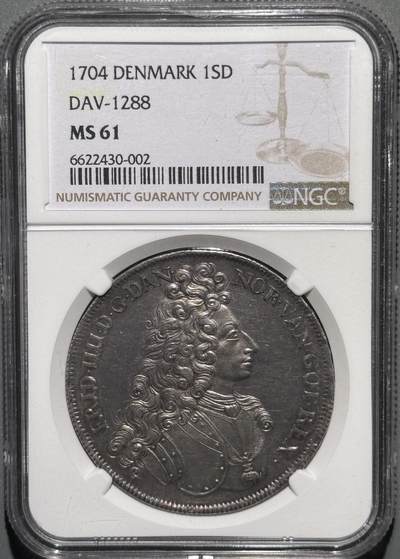 丹麦1704年弗雷德里克四世1SD大银币 NGC MS61  - 丹麦1704年弗雷德里克四世1SD大银币 NGC MS61 