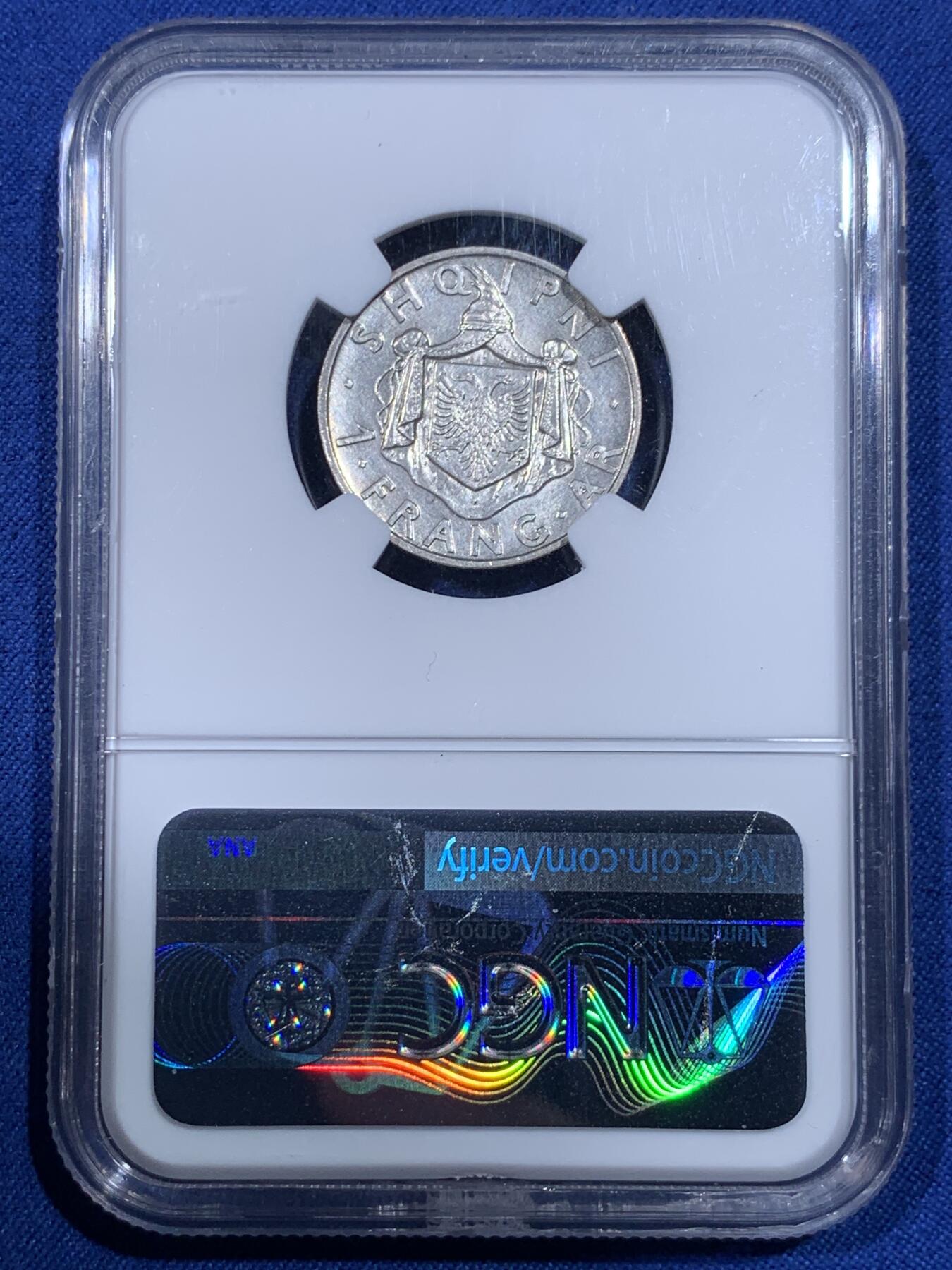 《竞宝斋》第398场 周日，周一，2场连拍 （全场包邮） NGC UNC 阿尔巴尼亚1937年1法郎银币 少见年份