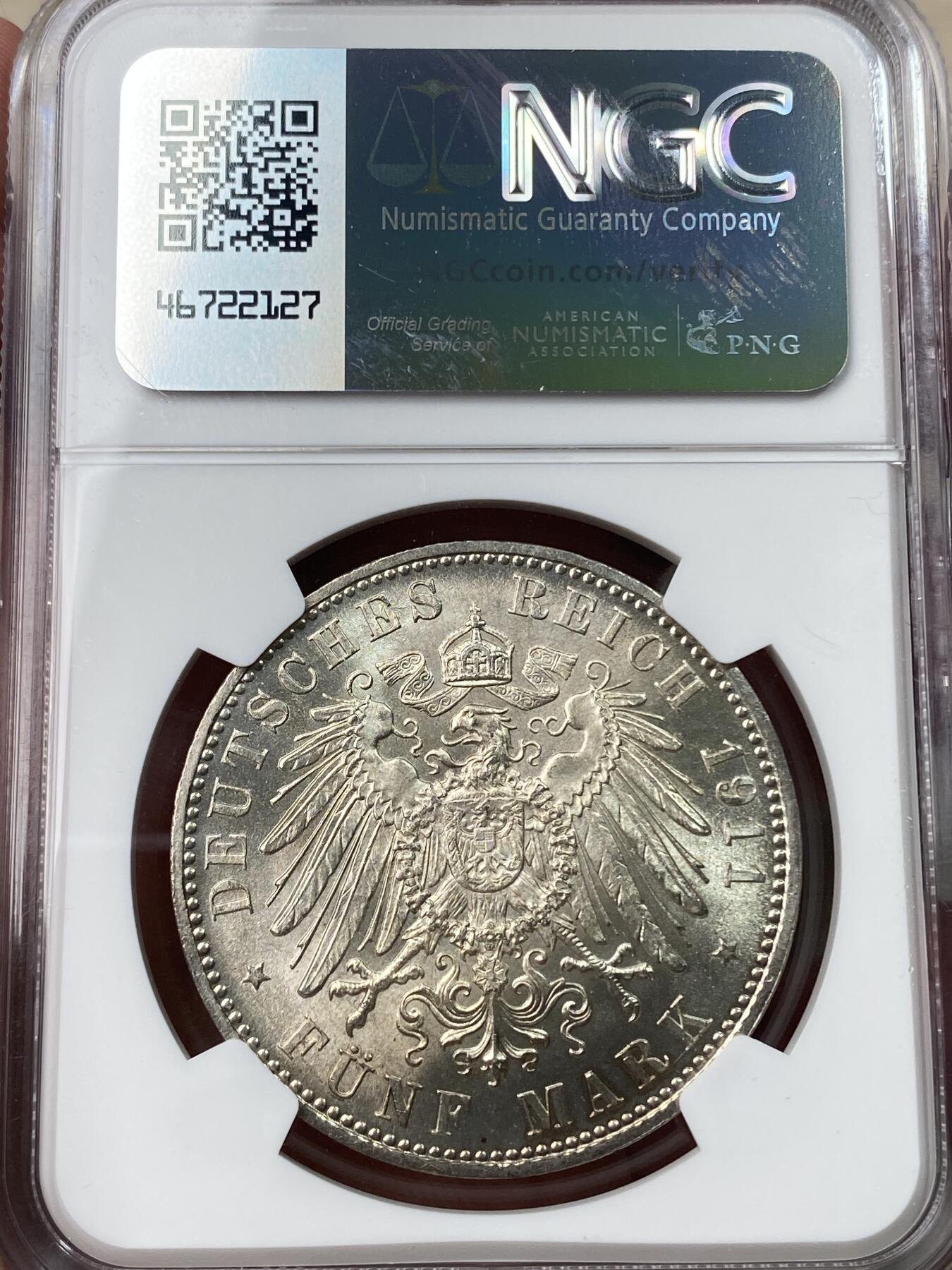 万国钱币拍卖第049期（万国夏季大拍） NGC MS65 1911年德国巴伐利亚摄政王利奥波德90大寿纪念5马克 丝绸光BU收藏级