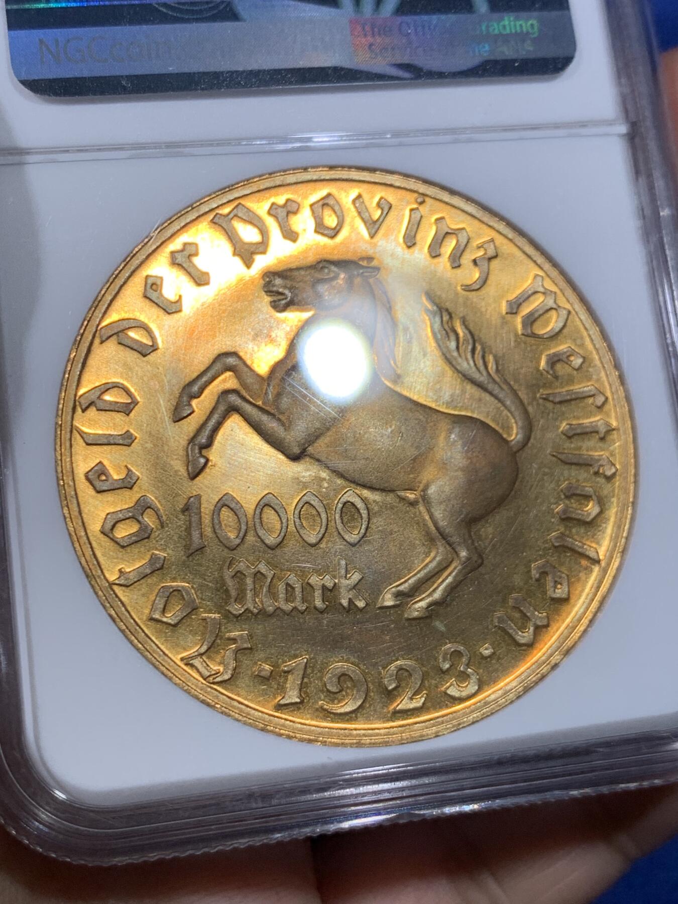 《竞宝斋》第398场 周日，周一，2场连拍 （全场包邮） NGC-MS66 德国 1923年德紧时期威斯特法伦10000马克 大马币 高分难得