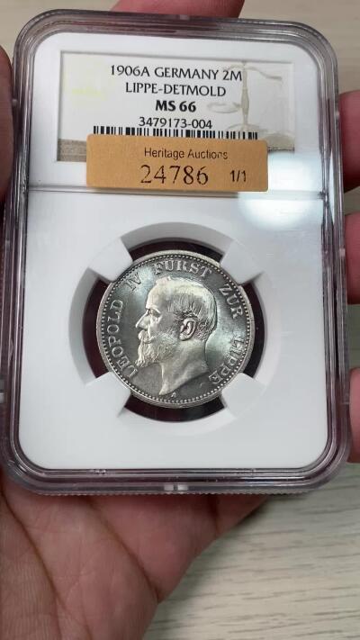 万国钱币拍卖第049期（万国夏季大拍） NGC MS66 1906年德国利普-德特莫尔德亲王国利奥波德四世长翅流通2马克 超炫银霜转光 亲王刻画异常精细 柏林厂铸 仅单年发行2万枚 天花板级别GEM品质 NGC老评冠军分 HA拍卖原物