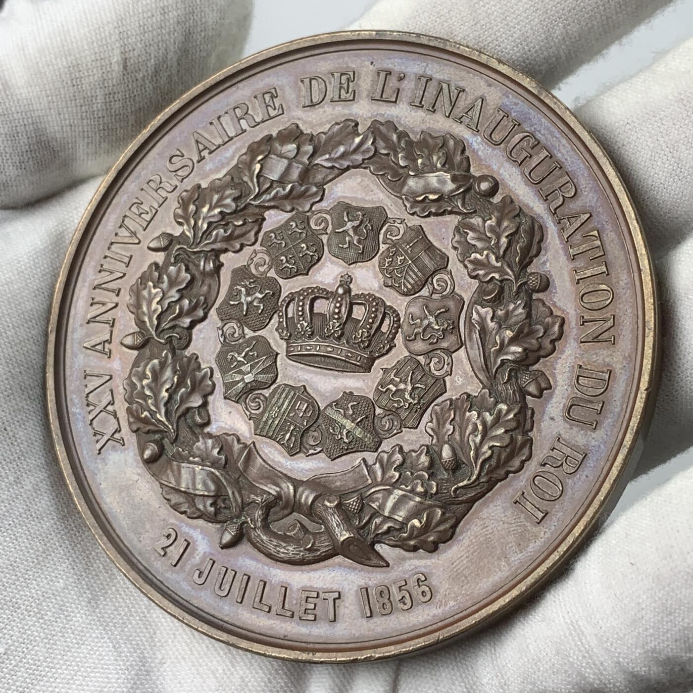 掌中浮雕-藏着的欧洲第031场 1856年比利时国王利奥波德一世登基25周年纪念铜章，75mm，186g, 大师L.Wiener作品
