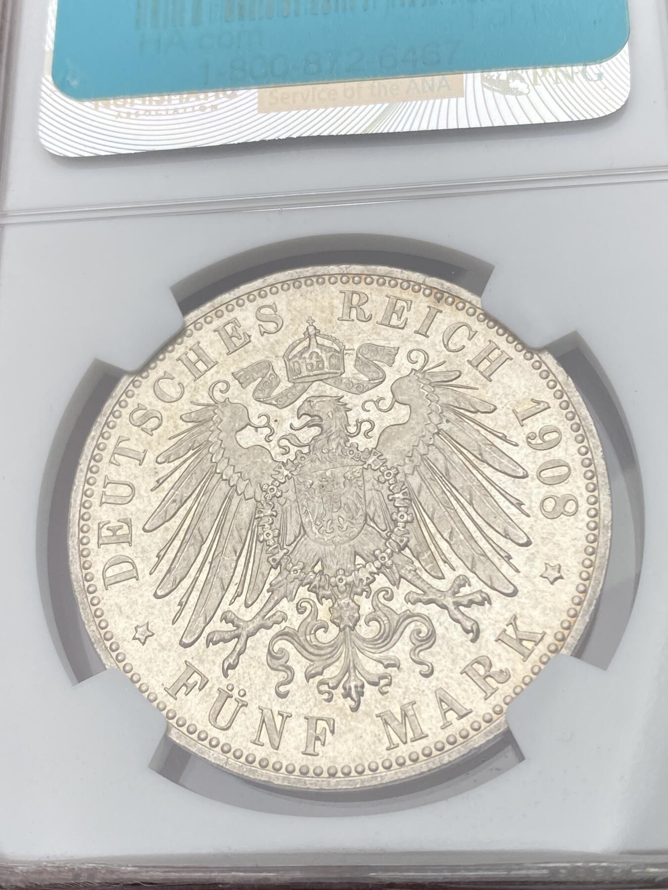 万国钱币拍卖第049期（万国夏季大拍） NGC MS65 1908年德国萨克森-梅宁根乔治二世亲王长翅流通5马克 十字转光淡包浆 类镜面喷砂质感 乔治二世同时也是著名的世界上第一位导演 NGC冠军分 顶级收藏品质