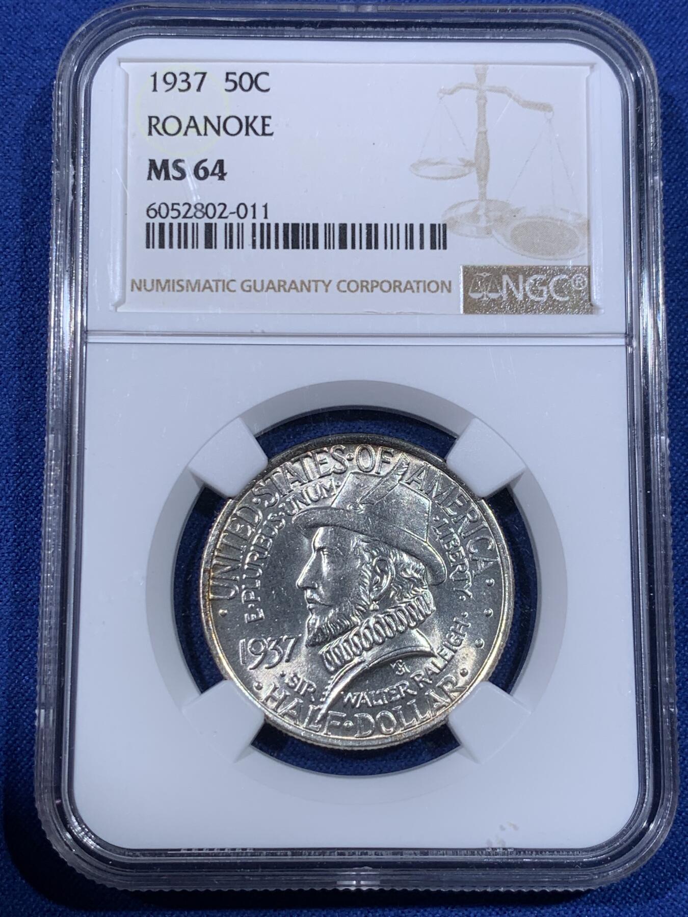《竞宝斋》第398场 周日，周一，2场连拍 （全场包邮） NGC-MS64 美国 1937年 50美分 纪念罗诺克殖民地的建立 发行量远低于其他同年的半圆纪念币，拍卖中也很少见的一枚，值得收藏