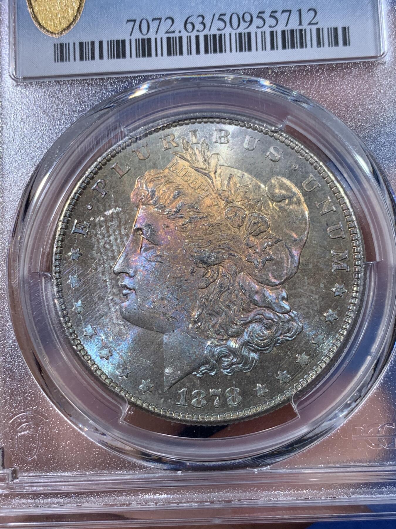 《竞宝斋》第398场 周日，周一，2场连拍 （全场包邮） PCGS-MS63 1878 摩根八羽 8tf 五彩包浆 好彩难得