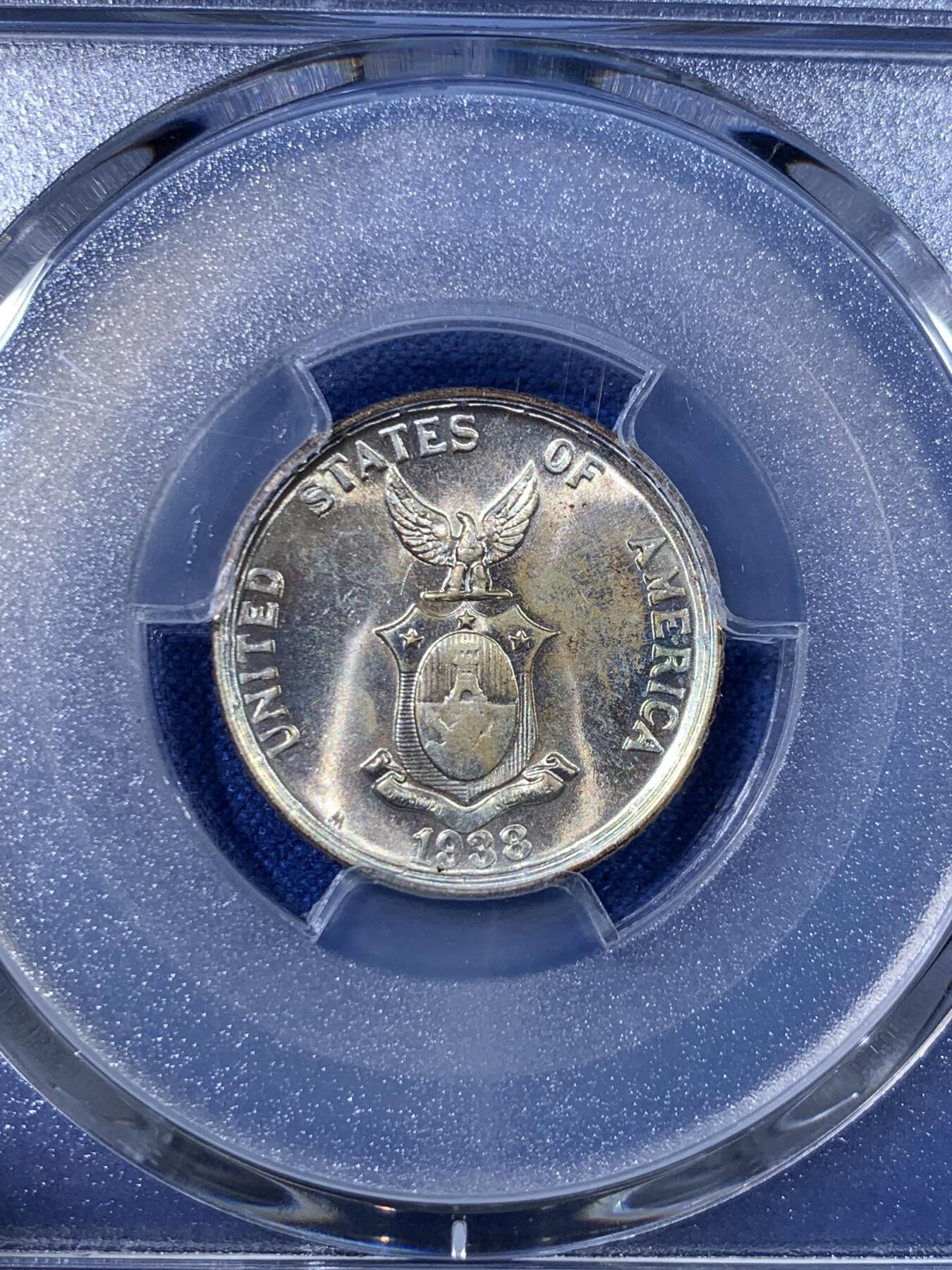 《竞宝斋》第398场 周日，周一，2场连拍 （全场包邮） PCGS MS64美属菲律宾 1938年 火山与女神 20分 银币