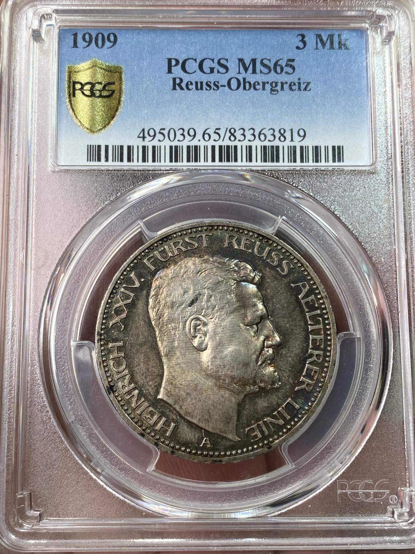 万国钱币拍卖第049期（万国夏季大拍） PCGS MS65 1909年德国罗伊斯-上格莱茨亲王国亨利二十四世长翅流通3马克 单年发行一万枚的小邦品种 此邦国没有发行过5马克 3马克便是最大银面值 原味幻彩BU品质 PC冠军分