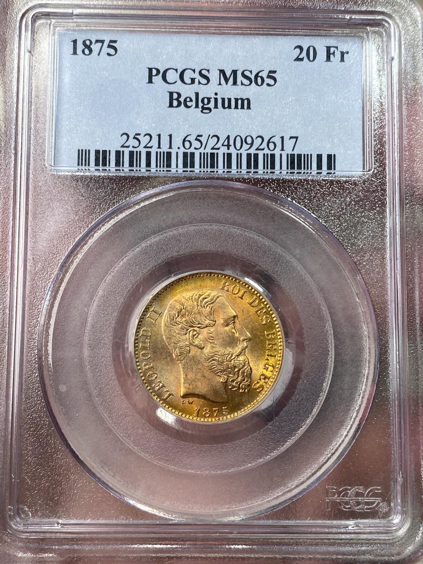 万国钱币拍卖第049期（万国夏季大拍） PCGS MS65 1875年比利时利奥波德二世20法郎金币 丝绸光PC老盒顶级品质 6.45g 900金