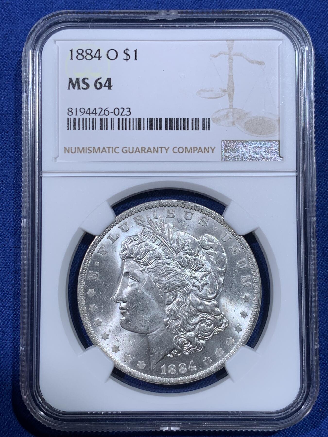 《竞宝斋》第398场 周日，周一，2场连拍 （全场包邮） NGC MS64 美国 1884 O版 摩根银元 光度好