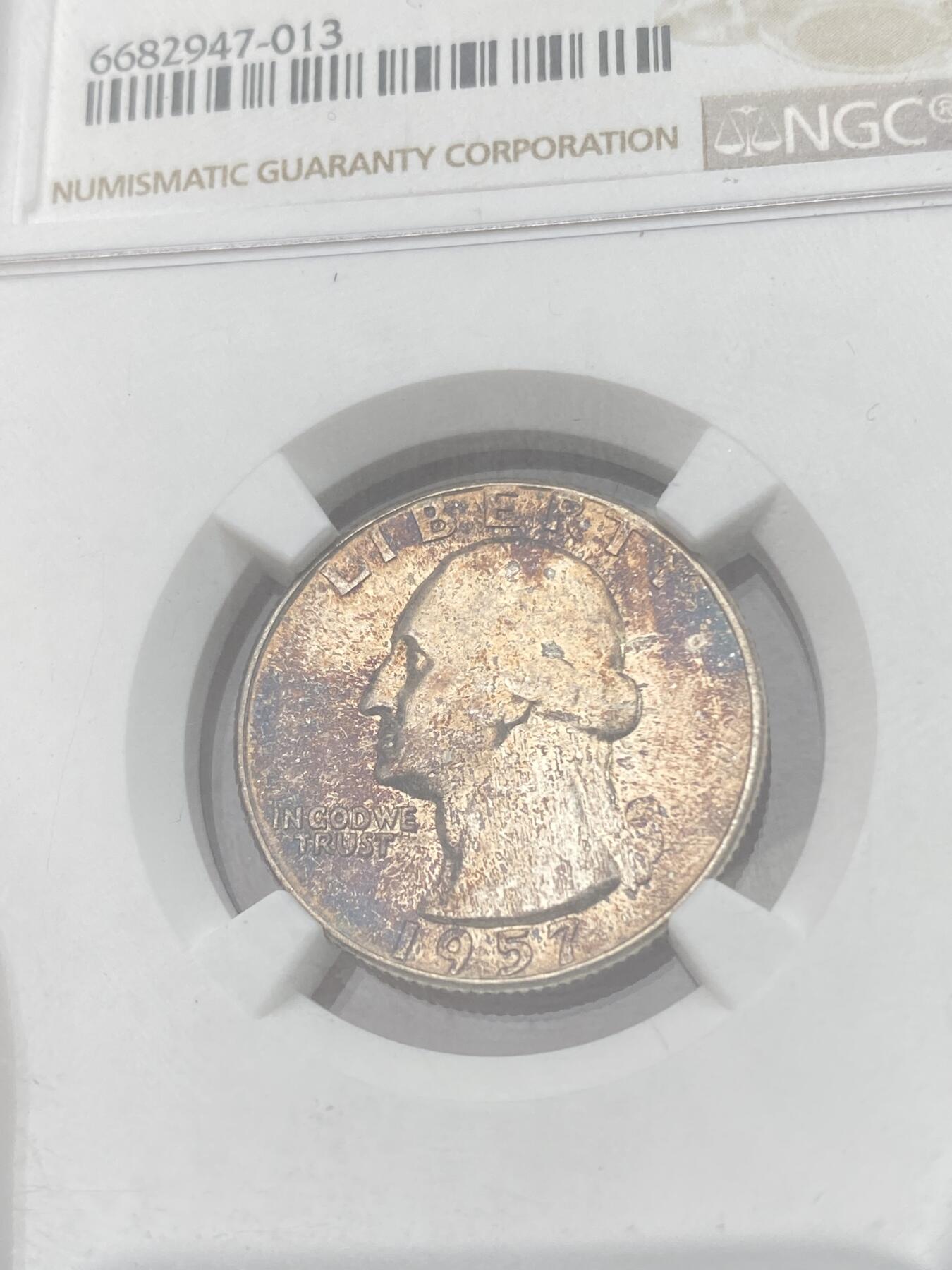 万国钱币拍卖第049期（万国夏季大拍） NGC MS66 1957年美国华盛顿25美分银币 GEM品相 玫瑰蓝彩包浆