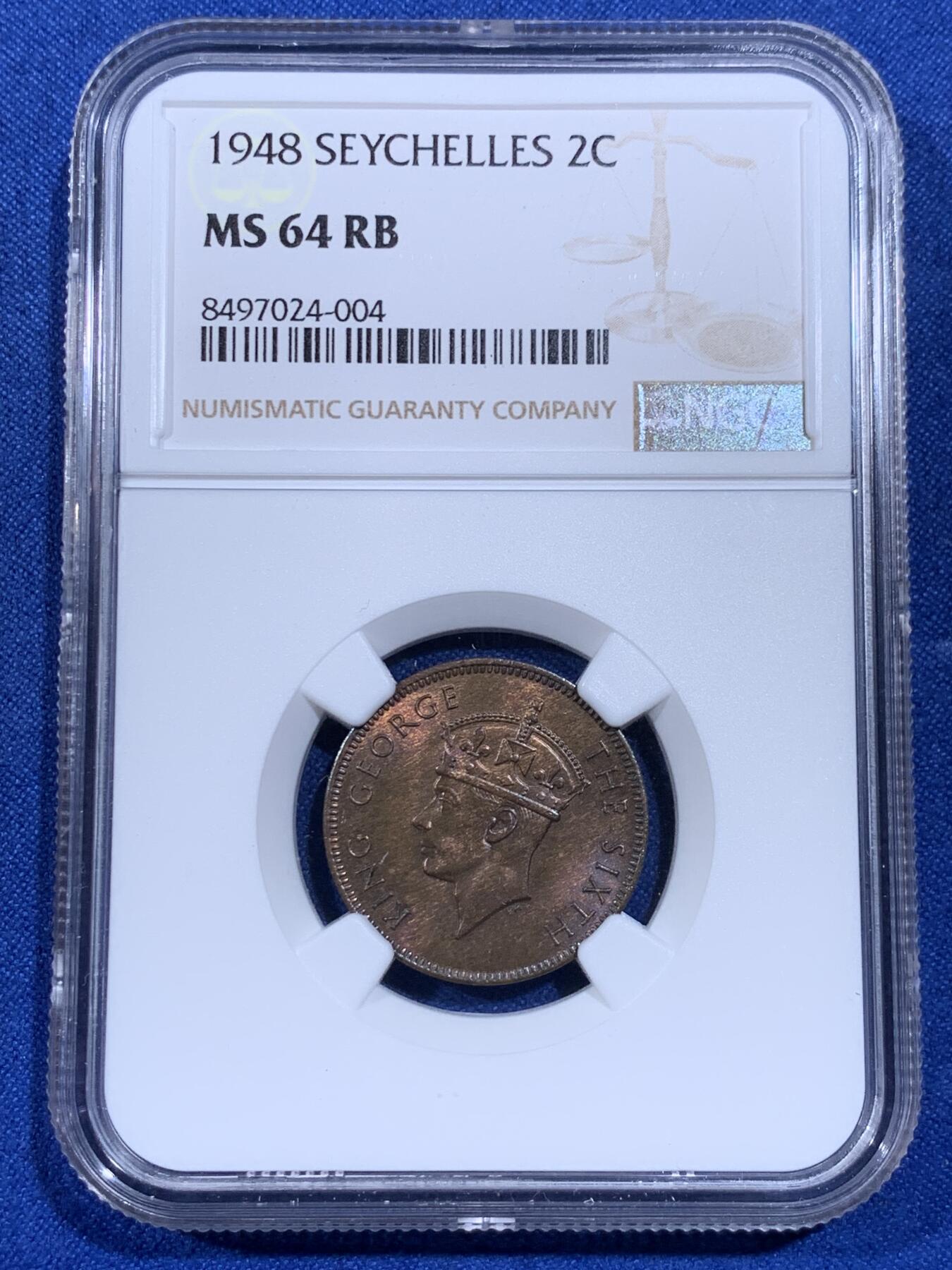 《竞宝斋》第398场 周日，周一，2场连拍 （全场包邮） NGC-MS64RB/63RB 1948塞舌尔2分&5分一对 早期塞舌尔铜币非常少见 品相这么好的更是凤毛麟角 铜光非常舒服 值得收藏