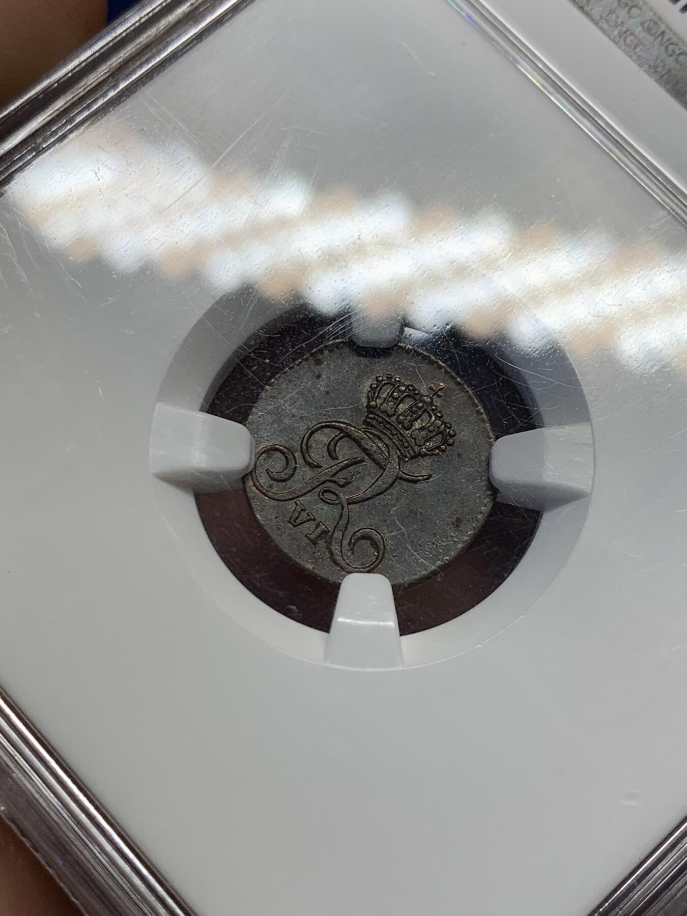 《竞宝斋》第398场 周日，周一，2场连拍 （全场包邮） NGC-MS65 丹麦1812年1斯基林铜币，超高分，充分流通的品种，小而精，铜光显著，值得收藏