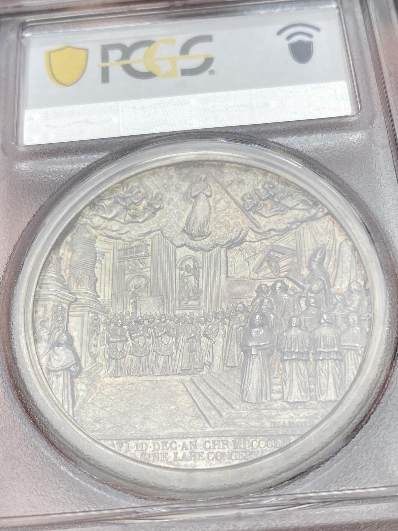 万国钱币拍卖第049期（万国夏季大拍） PCGS SP63 1854年教皇国庇护九世圣母无原罪教条纪念大银章 44MM 39.3G 极致高浮雕五彩 莫泽塔和帕利姆、利奥坐在拉特拉诺的乔瓦尼大教堂 向观众宣读无原罪教义 云层之上圣母和四位天使观礼