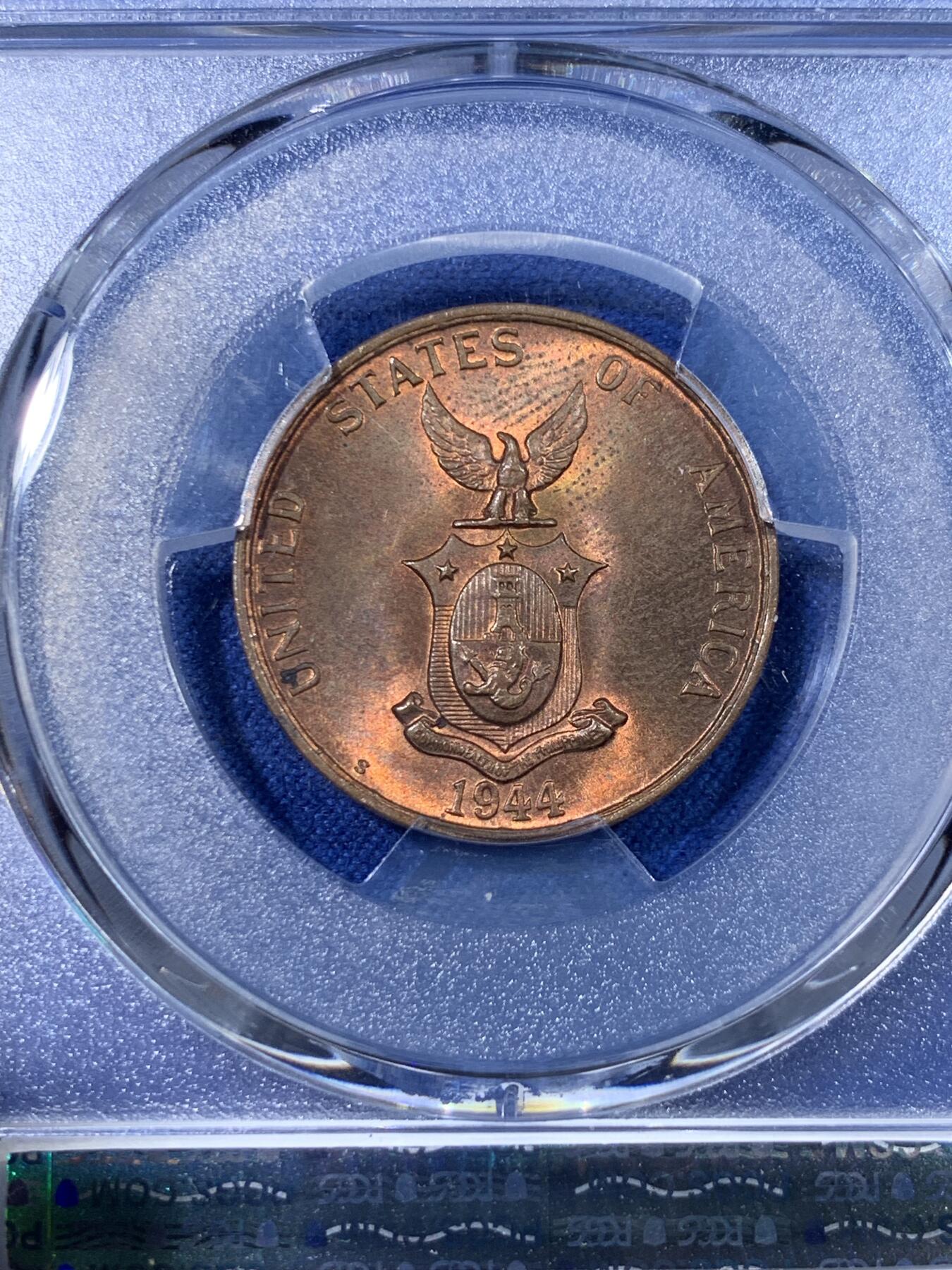《竞宝斋》第398场 周日，周一，2场连拍 （全场包邮） PCGS MS64RB 美属菲律宾 1944年1分 铜光犹在 高分难得