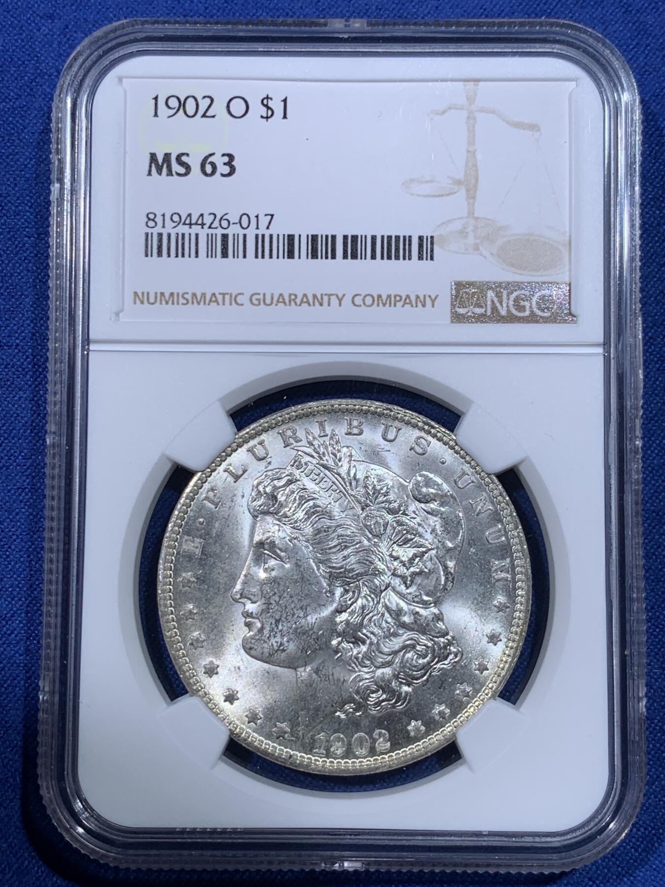 《竞宝斋》第398场 周日，周一，2场连拍 （全场包邮） NGC MS63 美国 1902 O版 摩根银元 较少年份 车轮光