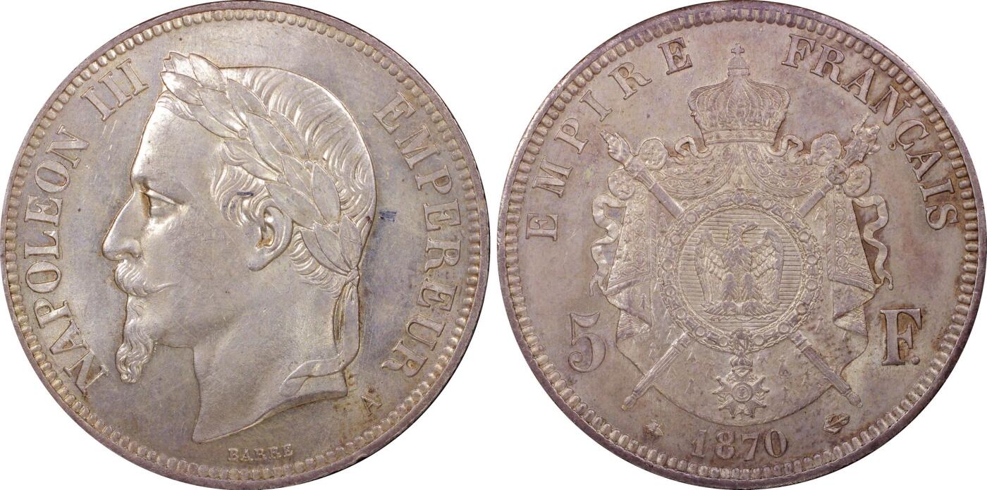 万国钱币拍卖第049期（万国夏季大拍） PCGS MS64 1870法国拿破仑三世纹章5法郎银币 虽是较常见品种 但是能到64分级别并不容易 原味纸袋包浆 PC老评水晶盒 状态极佳