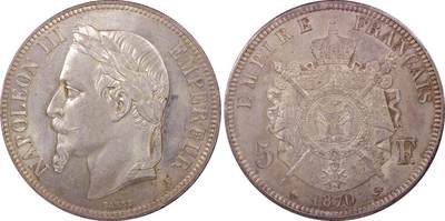 万国钱币拍卖第049期（万国夏季大拍） - PCGS MS64 1870法国拿破仑三世纹章5法郎银币 虽是较常见品种 但是能到64分级别并不容易 原味纸袋包浆 PC老评水晶盒 状态极佳