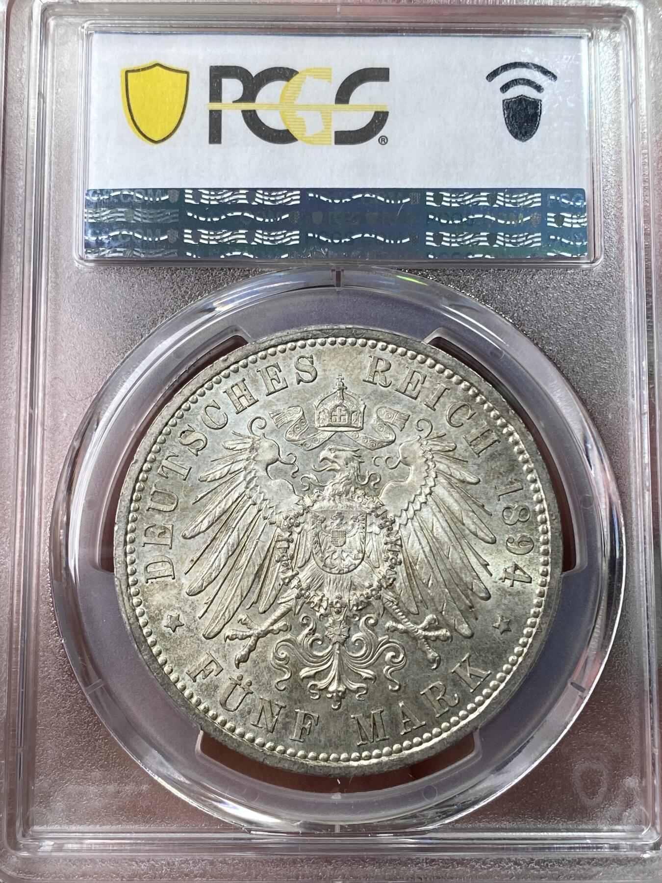 万国钱币拍卖第049期（万国夏季大拍） PCGS MS65 1894年德国普鲁士威廉二世长翅流通5马克 罕见早期高难年份 能达到BU级别的凤毛麟角 原味五彩丝绸转光 PC亚军分 更高分仅一枚