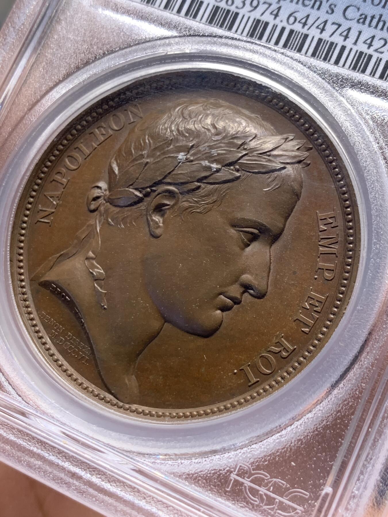 《竞宝斋》第398场 周日，周一，2场连拍 （全场包邮） 亚军分 PCGS SP64 1805年拿破仑—“维也纳的圣斯蒂芬大教堂”纪念原铸大铜章，超高浮雕磨砂质感，雕刻师Denon作品， pcgs封面币之一 加厚盒状态极好