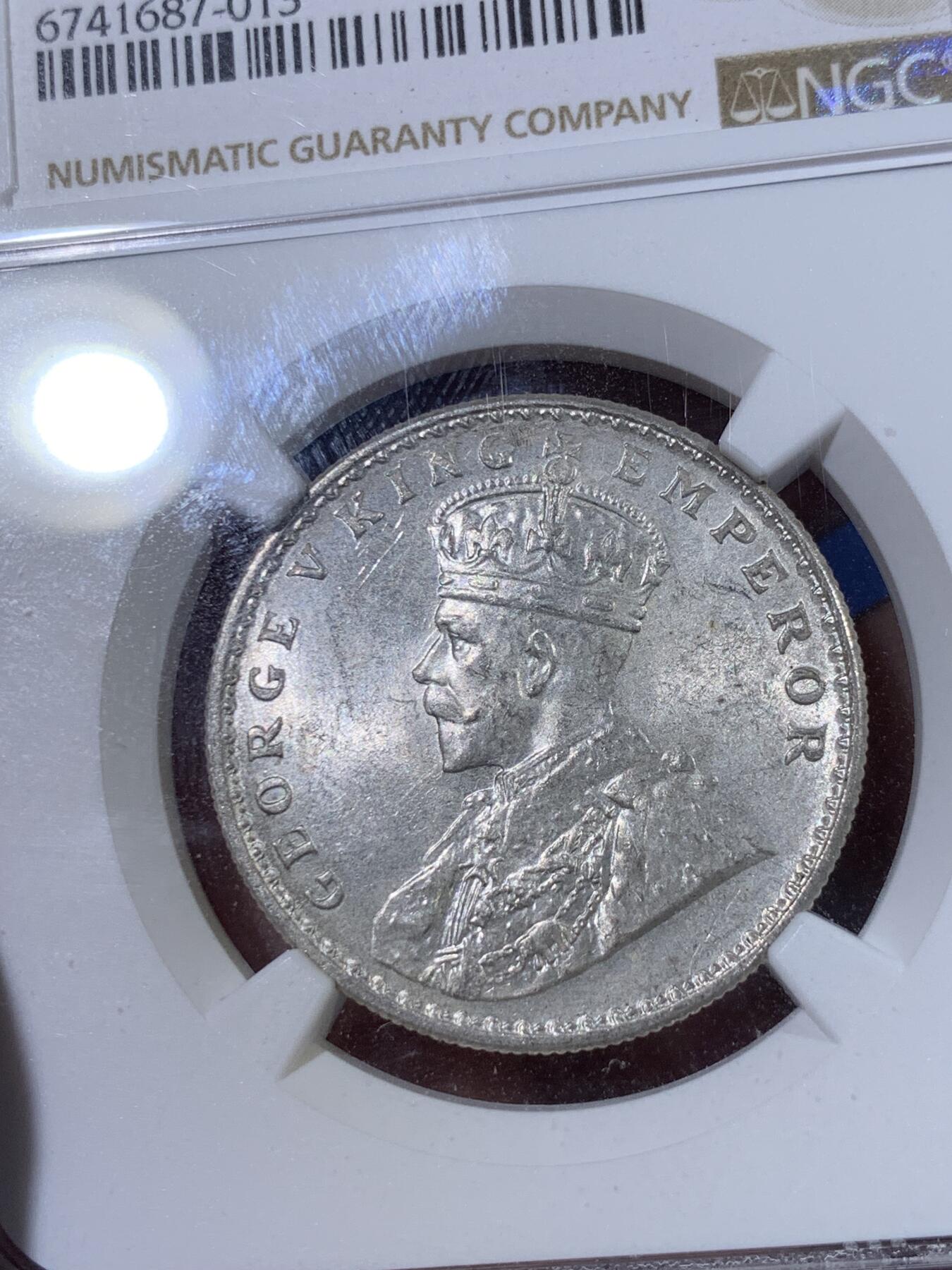 《竞宝斋》第398场 周日，周一，2场连拍 （全场包邮） NGC-MS62 1920C英属印度乔治五世一卢比银币