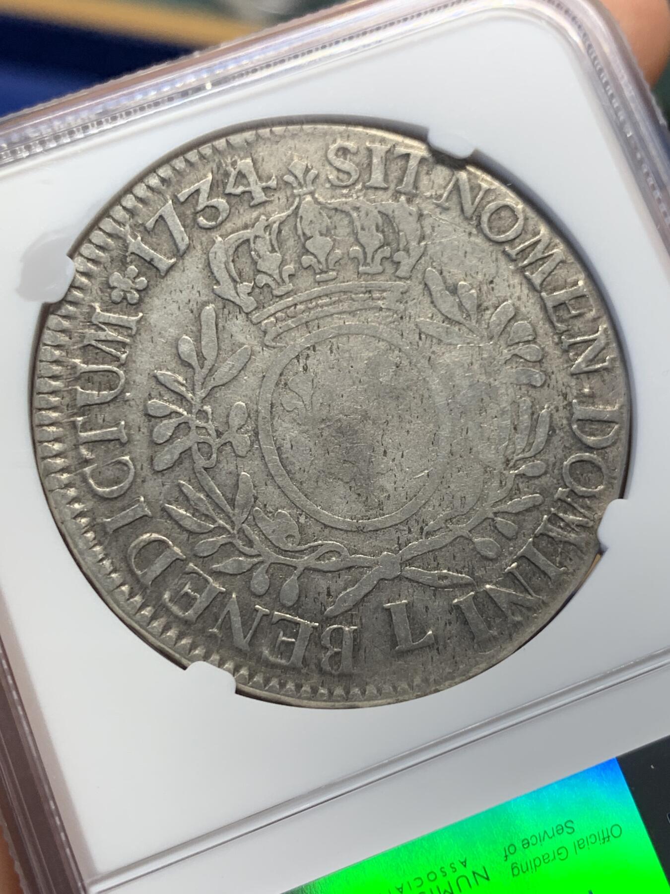 《竞宝斋》第398场 周日，周一，2场连拍 （全场包邮） 唯一冠军分 NGC-F12 法国 1734年 1埃居银币 L厂 该年该厂唯一出分，出分不易