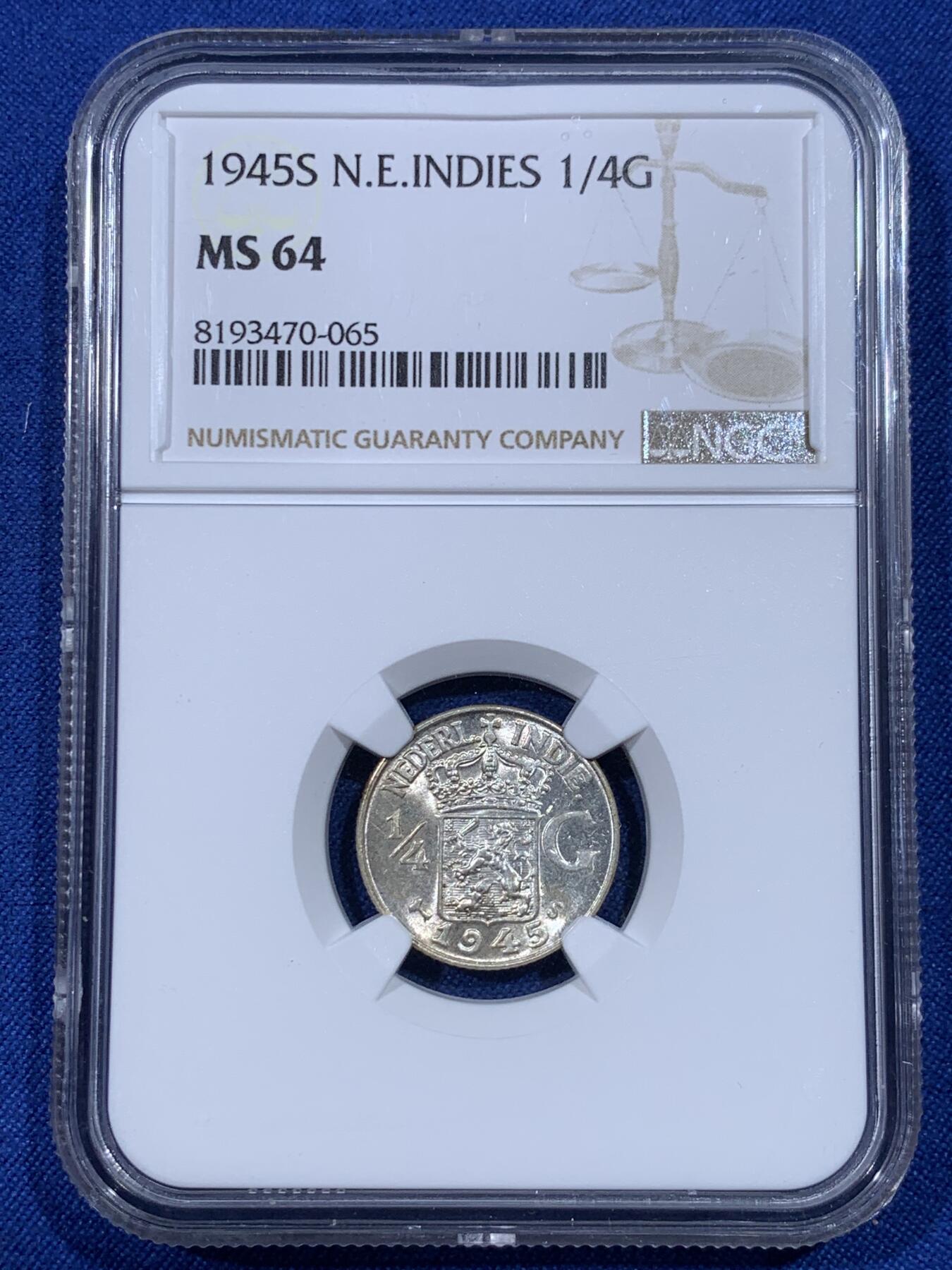 《竞宝斋》第398场 周日，周一，2场连拍 （全场包邮） NGC-MS64 荷属东印度1945S 1/4盾银币