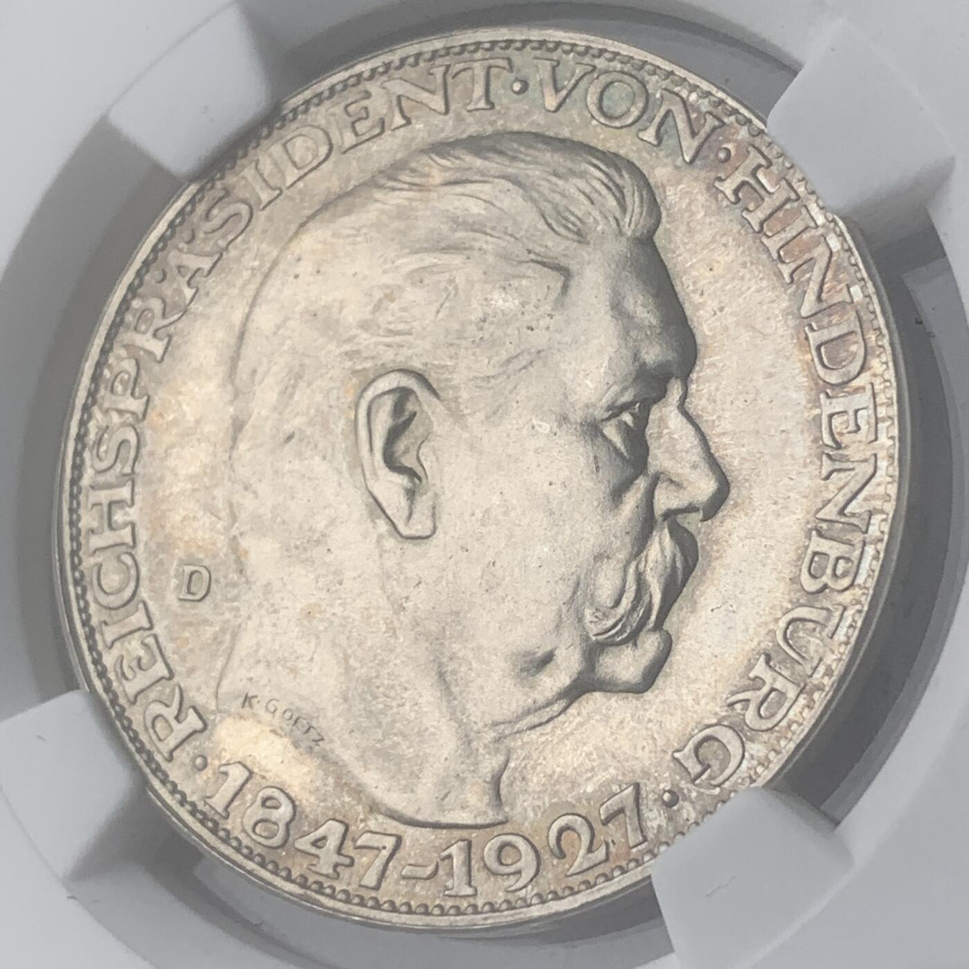 掌中浮雕-藏着的欧洲第031场 德国章牌大师卡尔.哥茨作品：NGC MS63 : 兴登堡大寿银章，36mm