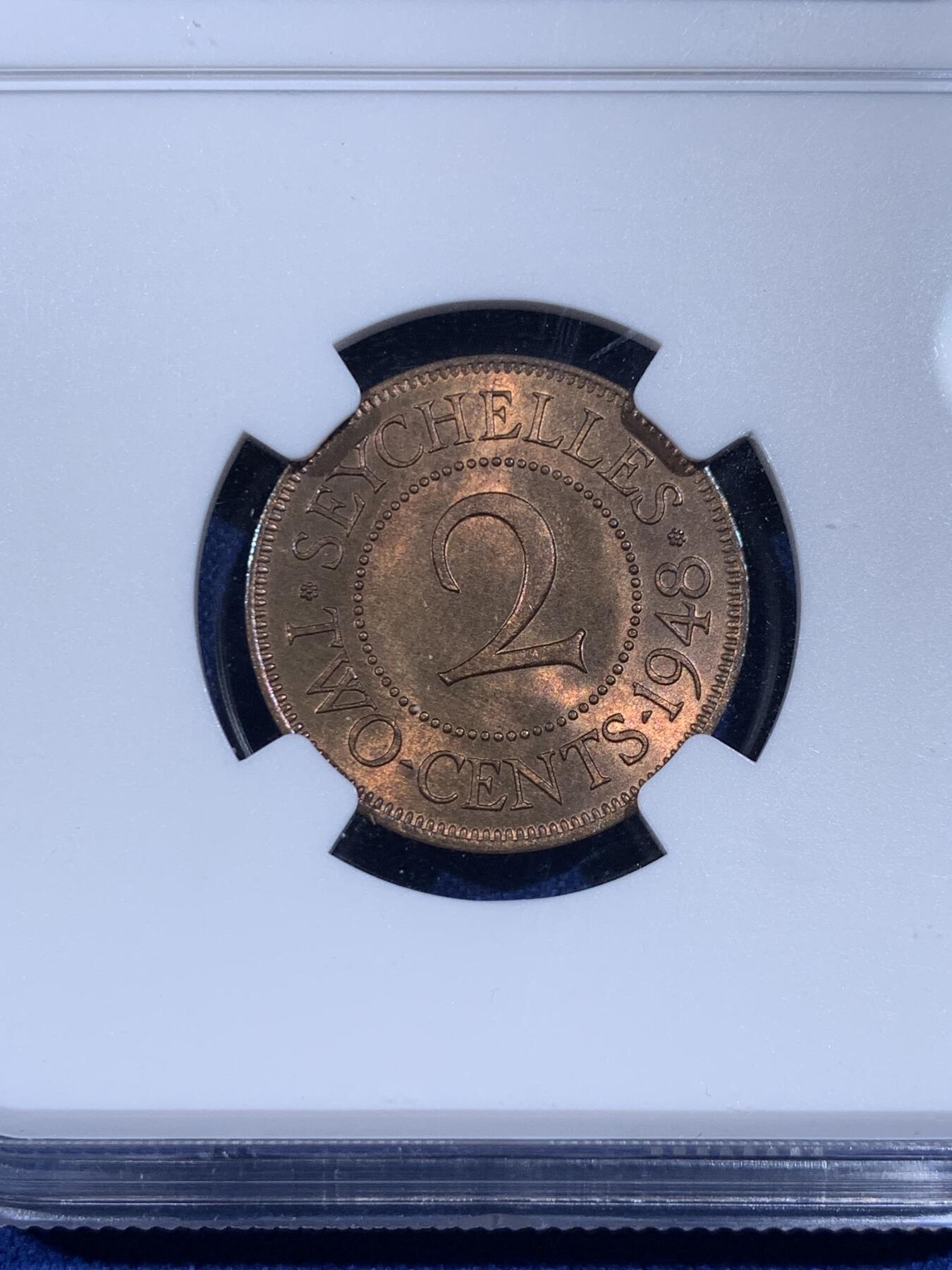 《竞宝斋》第398场 周日，周一，2场连拍 （全场包邮） NGC-MS64RB/63RB 1948塞舌尔2分&5分一对 早期塞舌尔铜币非常少见 品相这么好的更是凤毛麟角 铜光非常舒服 值得收藏