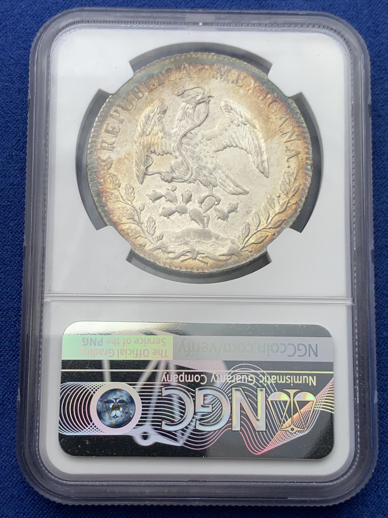 《竞宝斋》第398场 周日，周一，2场连拍 （全场包邮） NGC UNC 墨西哥 1893年花边鹰洋 少见绚丽环彩 正反面都有