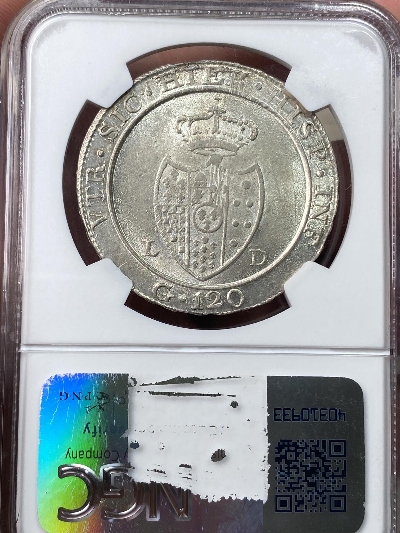 万国钱币拍卖第049期（万国夏季大拍） NGC MS63 1805意大利那不勒斯和西西里费迪南德四世120格拉纳大银 大头版本 原味淡金彩包浆