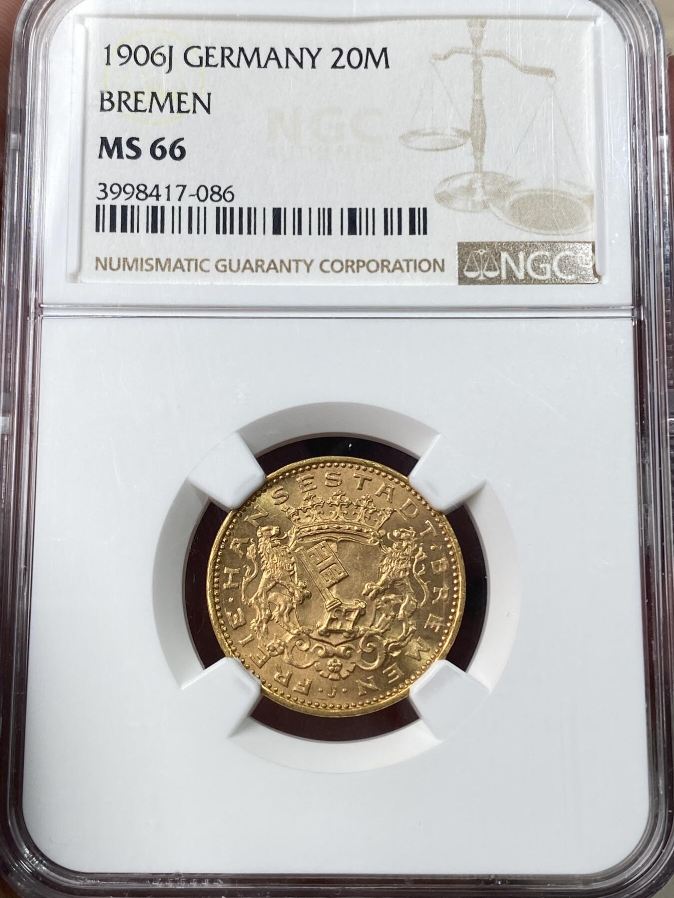 万国钱币拍卖第049期（万国夏季大拍） NGC MS66 1906年德国不莱梅双狮护盾长翅流通20马克金币 罕见自由市最大面值金马克 仅单年发行两万枚 书价极高 顶级GEM品质 7.96g 900金
