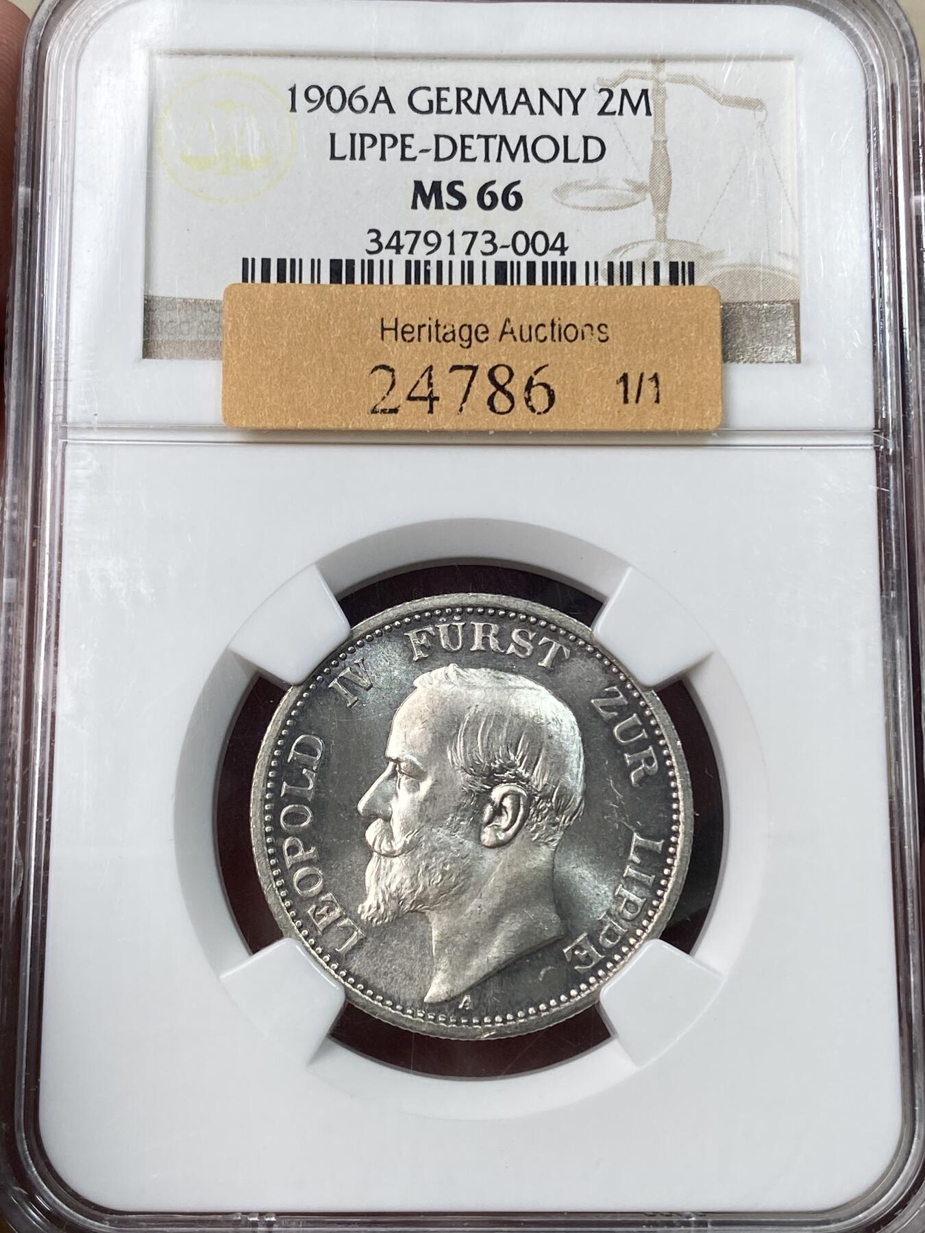 万国钱币拍卖第049期（万国夏季大拍） NGC MS66 1906年德国利普-德特莫尔德亲王国利奥波德四世长翅流通2马克 超炫银霜转光 亲王刻画异常精细 柏林厂铸 仅单年发行2万枚 天花板级别GEM品质 NGC老评冠军分 HA拍卖原物