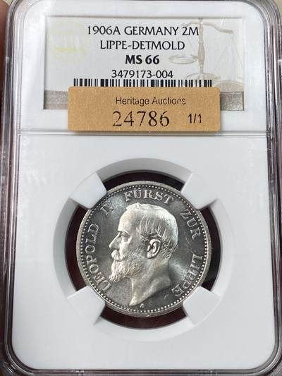 万国钱币拍卖第049期（万国夏季大拍） - NGC MS66 1906年德国利普-德特莫尔德亲王国利奥波德四世长翅流通2马克 超炫银霜转光 亲王刻画异常精细 柏林厂铸 仅单年发行2万枚 天花板级别GEM品质 NGC老评冠军分 HA拍卖原物