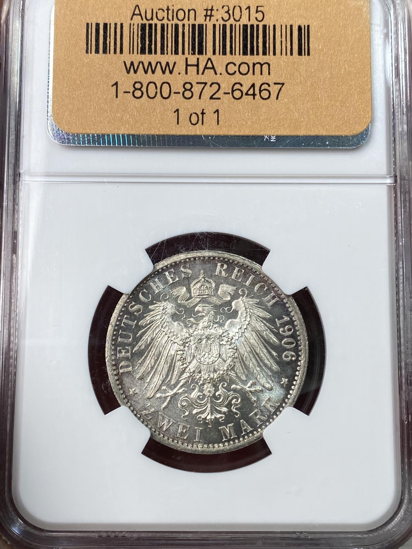 万国钱币拍卖第049期（万国夏季大拍） NGC MS66 1906年德国利普-德特莫尔德亲王国利奥波德四世长翅流通2马克 超炫银霜转光 亲王刻画异常精细 柏林厂铸 仅单年发行2万枚 天花板级别GEM品质 NGC老评冠军分 HA拍卖原物