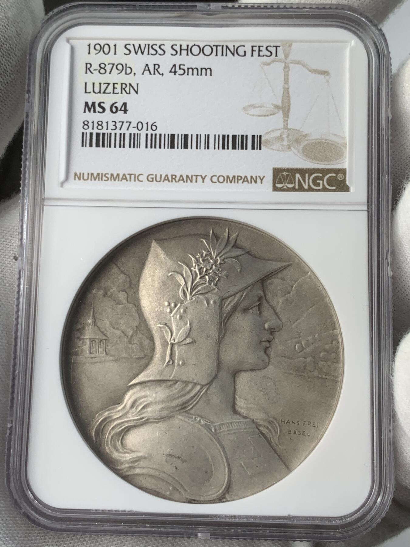 掌中浮雕-藏着的欧洲第031场 NGC MS64 : 1901年瑞士卢塞恩射击节银章，45mm