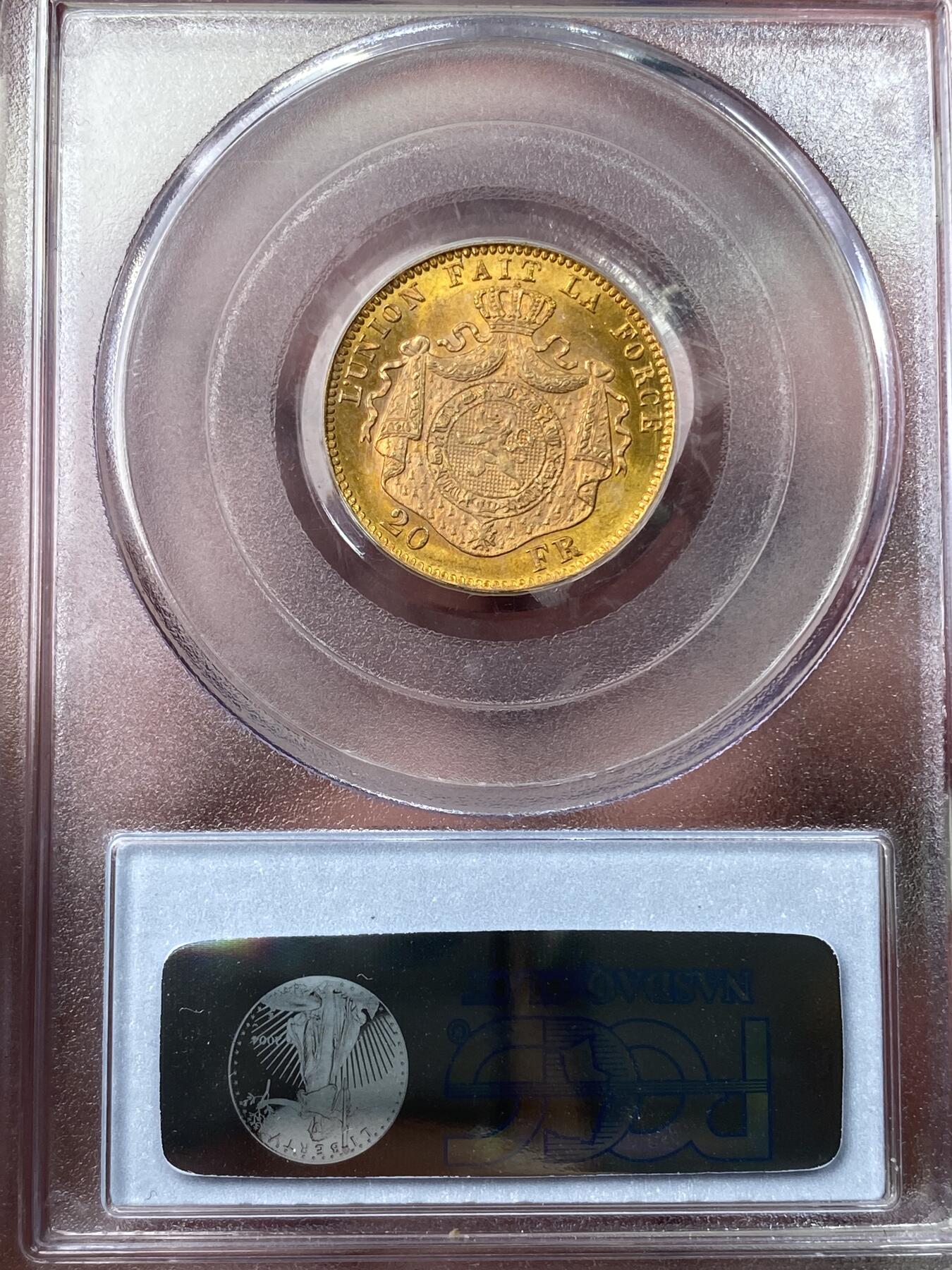 万国钱币拍卖第049期（万国夏季大拍） PCGS MS65 1875年比利时利奥波德二世20法郎金币 丝绸光PC老盒顶级品质 6.45g 900金