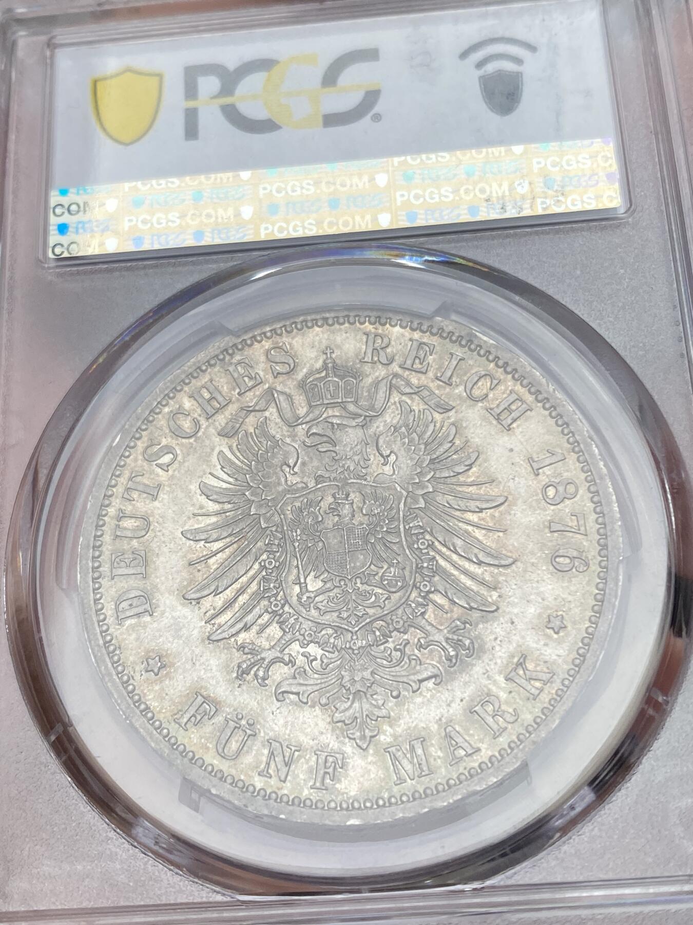 万国钱币拍卖第049期（万国夏季大拍） PCGS MS64 1876年德国普鲁士威廉一世短翅流通5马克 帝国马克开山之年 高分极其难得 绚丽五彩 顶级收藏品质 PC亚军分