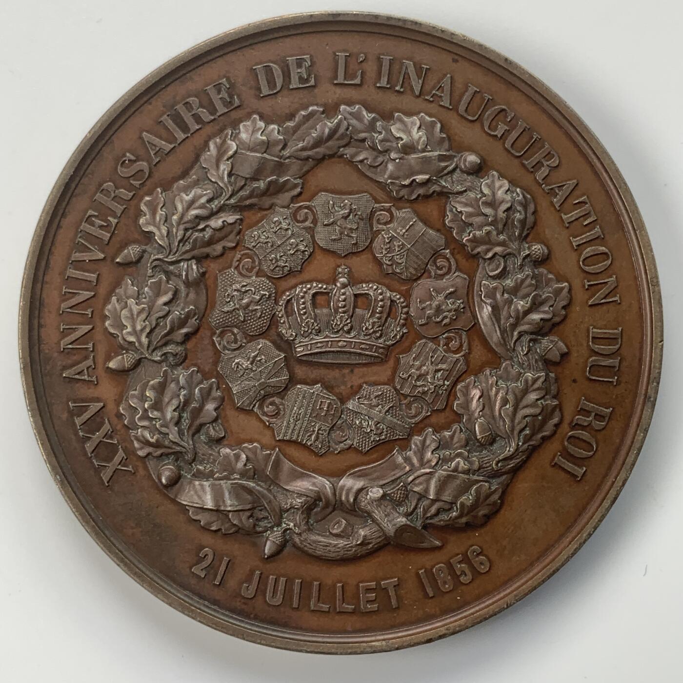 掌中浮雕-藏着的欧洲第031场 1856年比利时国王利奥波德一世登基25周年纪念铜章，75mm，186g, 大师L.Wiener作品