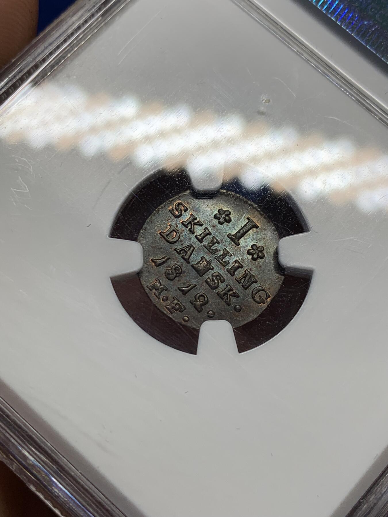 《竞宝斋》第398场 周日，周一，2场连拍 （全场包邮） NGC-MS65 丹麦1812年1斯基林铜币，超高分，充分流通的品种，小而精，铜光显著，值得收藏