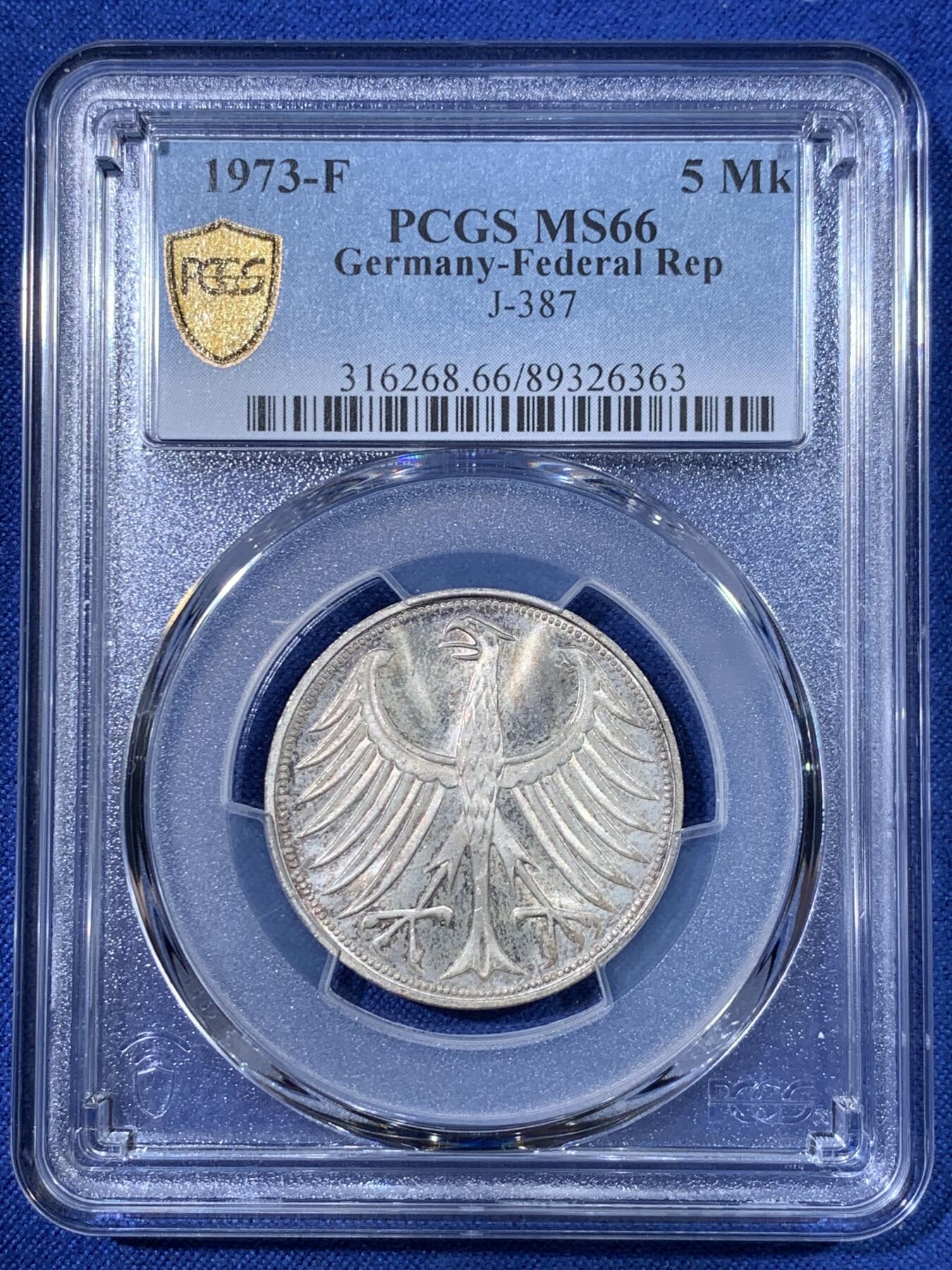 《竞宝斋》第398场 周日，周一，2场连拍 （全场包邮） PCGS MS66 1973-F版 5马克银币 雄鹰马克高分原味包浆