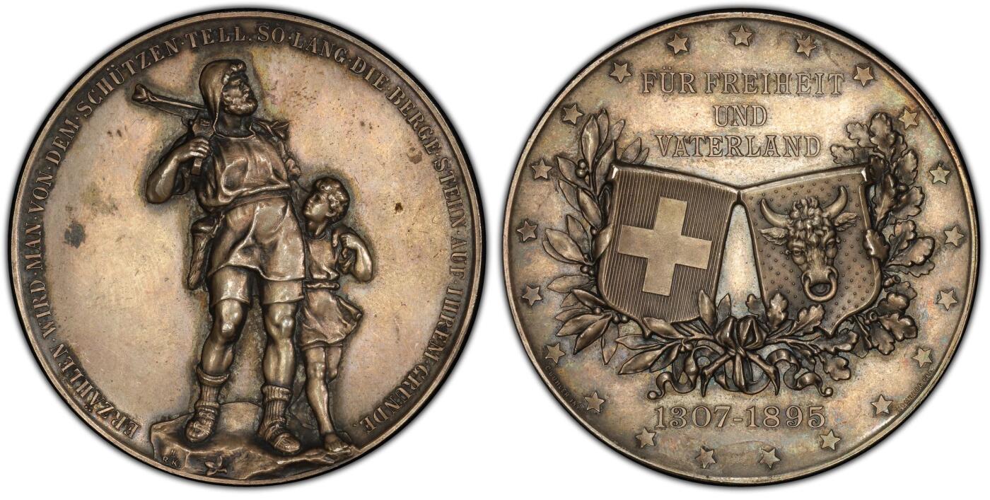 万国钱币拍卖第049期（万国夏季大拍） PCGS SP62 1895年瑞士索洛图恩射击节大银章 身穿罗马盔甲士兵手持旗帜站在城墙前 裸体小男孩手持城市盾徽 巨型52G 高浮雕磨砂效果