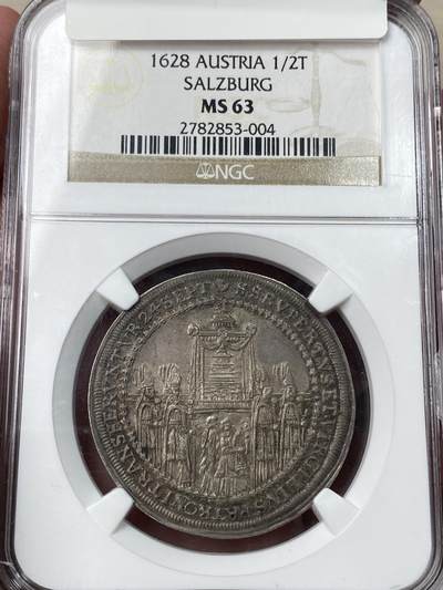 万国钱币拍卖第049期（万国夏季大拍） - NGC MS63 1628年奥地利萨尔茨堡圣鲁珀特大教堂重建纪念流通1/2泰勒 原味深打欧陆深五彩 NGC亚军分收藏级