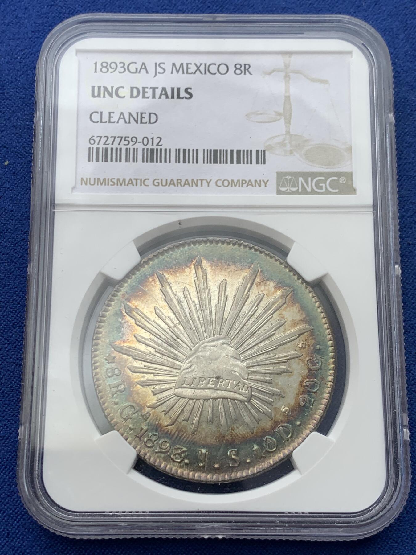 《竞宝斋》第398场 周日，周一，2场连拍 （全场包邮） NGC UNC 墨西哥 1893年花边鹰洋 少见绚丽环彩 正反面都有