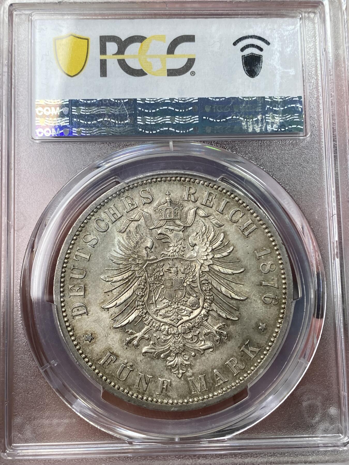万国钱币拍卖第049期（万国夏季大拍） PCGS MS64 1876年德国普鲁士威廉一世短翅流通5马克 帝国马克开山之年 高分极其难得 绚丽五彩 顶级收藏品质 PC亚军分