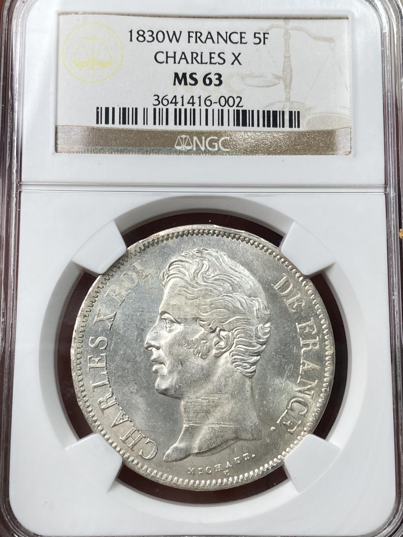 万国钱币拍卖第049期（万国夏季大拍） NGC MS63 1830W法国查理十世5法郎银币 里尔厂铸造 银霜转光 NGC老评